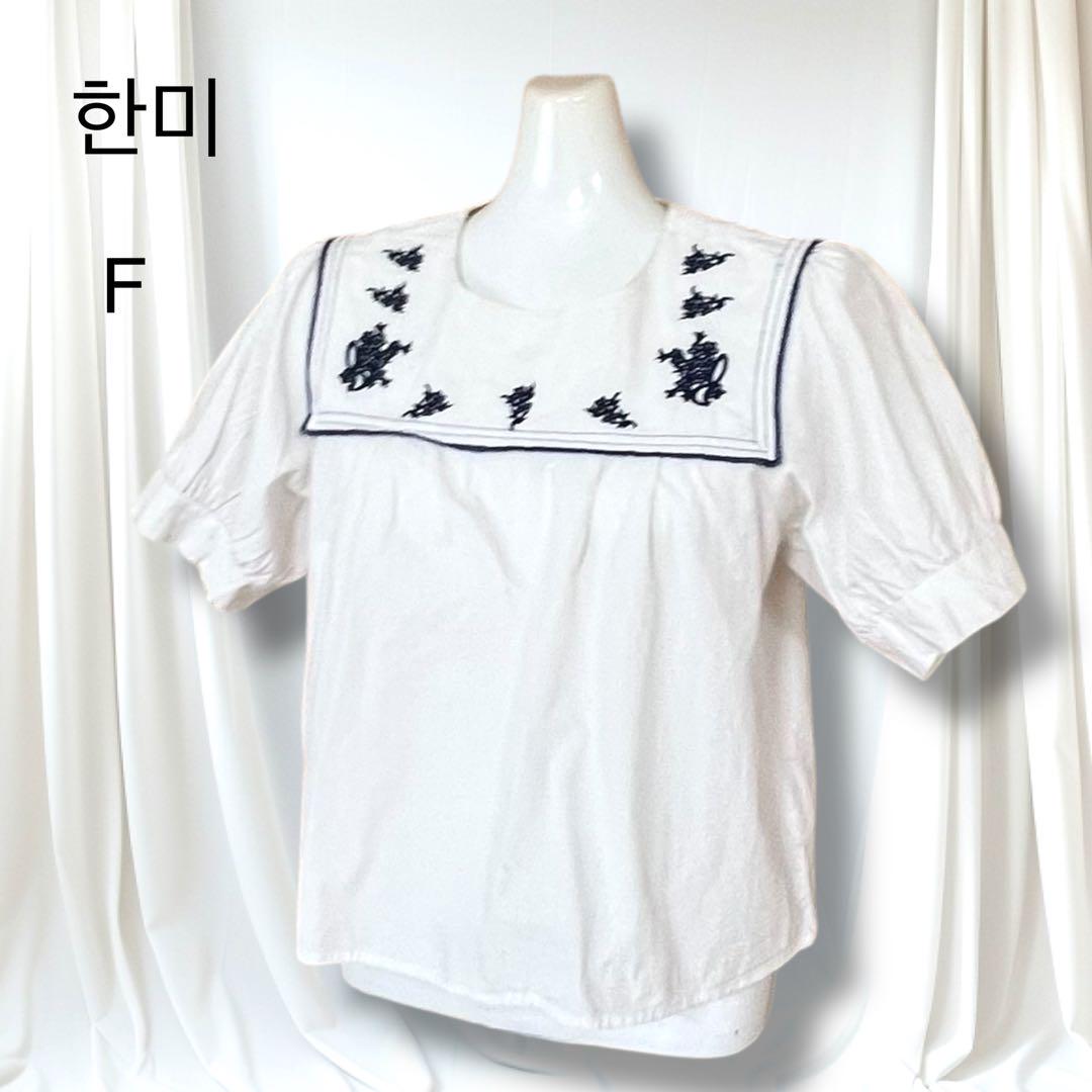超希少　한미　ケープ風スクエアライン刺繍ブラウス　セーラー　韓国ファッション