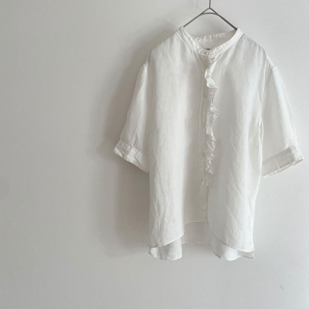 美品 MARGARET HOWELL リネンフリルブラウス 2 ホワイト