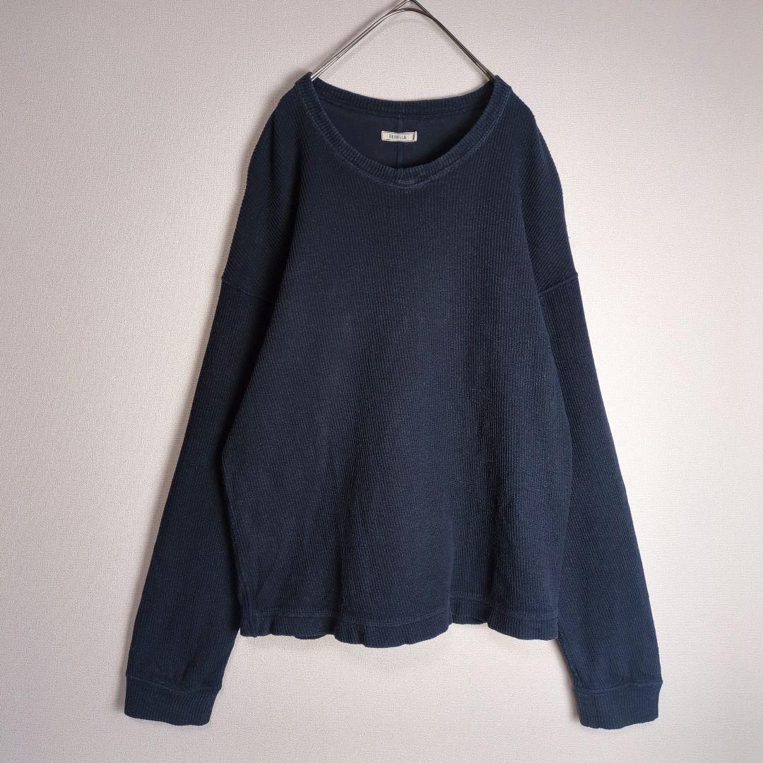 ロンT (M) ロングTシャツ ヴィンテージ風色褪せ ネイビー系 古着