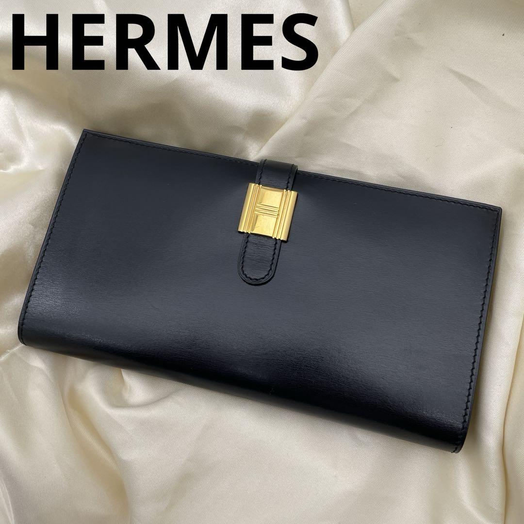 【美品】エルメス 二つ折り長財布 ソミュールディアンヌ カーフ 黒 5Q11