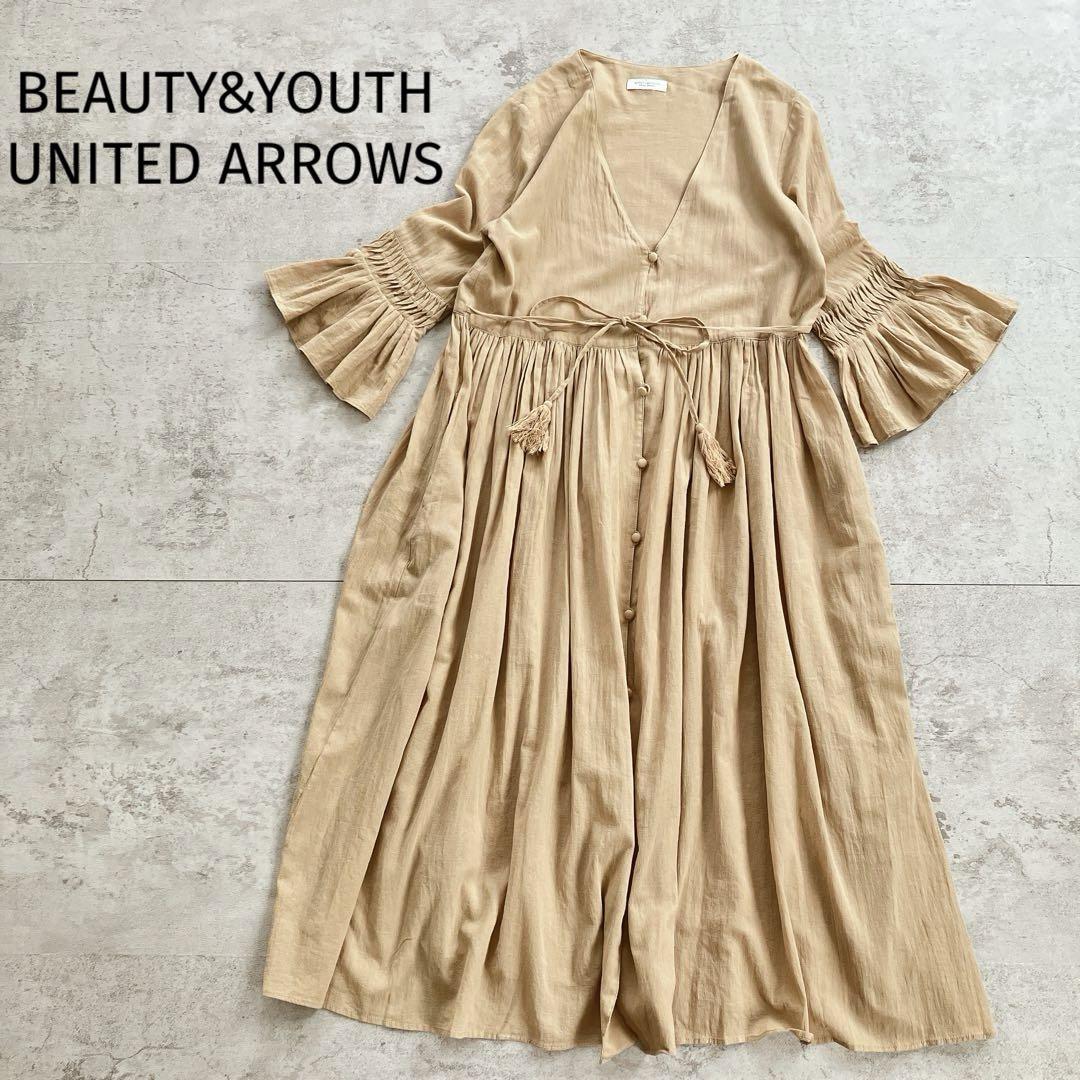 BEAUTY&YOUTH 2way コットンボイルギャザーワンピース ベージュ