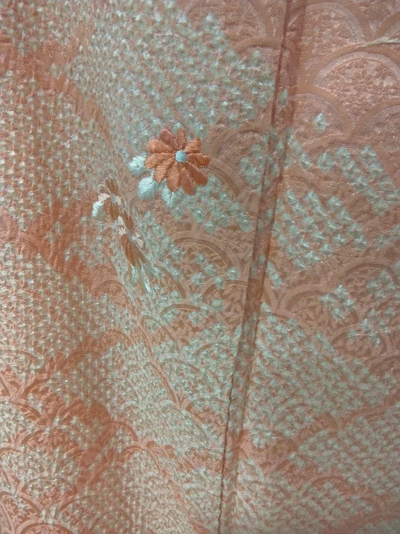正絹付け下げ、訪問着、上質美品、絞りサーモンピンク、未使用、袋帯、2点セット 画像8