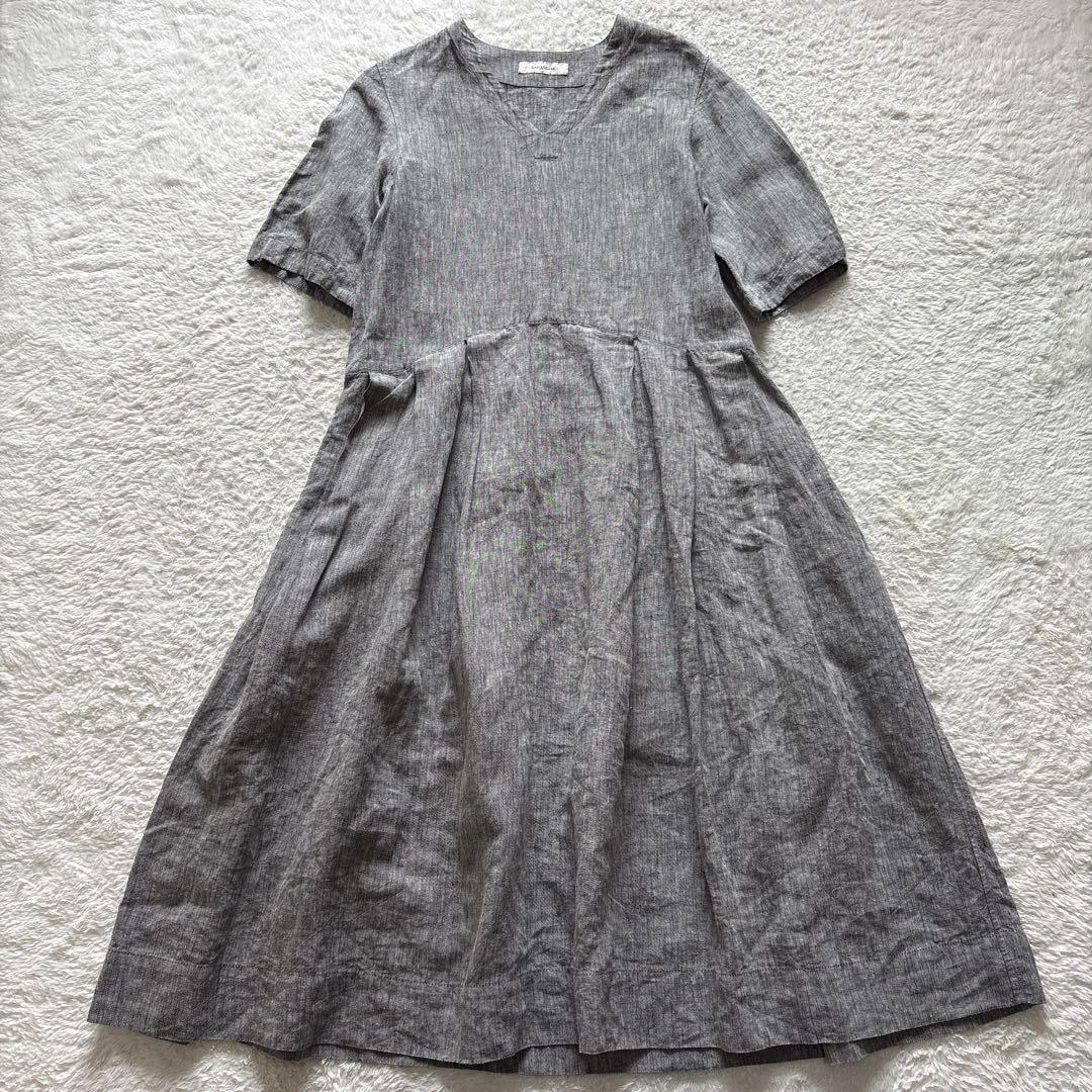 ネットオフ 送料得店  美品 RAI-ATELIER リネンフレアワンピース 作家 グレー 半袖 ワンピース
