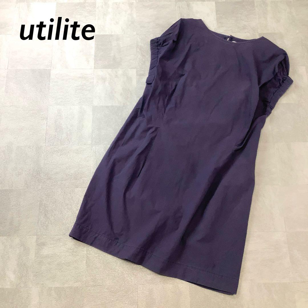 Utilite コットン デザイン ワンピース フレンチスリーブ ネイビー