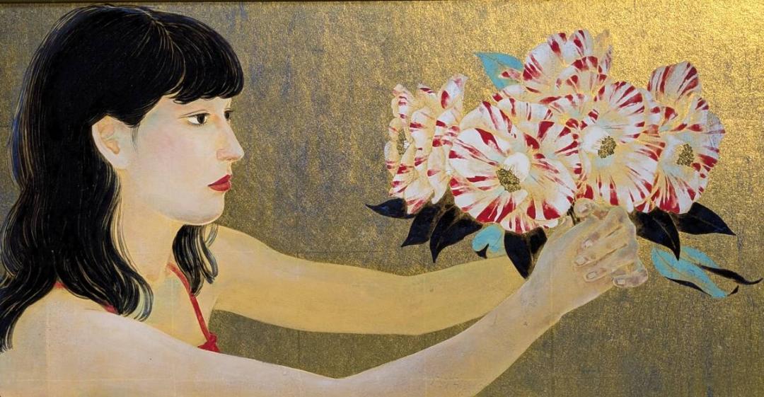 【真作】絵画　石踊紘一　日本画　花椿　良作　金地　美人画　箱・黄袋入　W111 真作】絵画 石踊紘一 日本画 花椿 良作 金地 美人画 箱・黄袋入