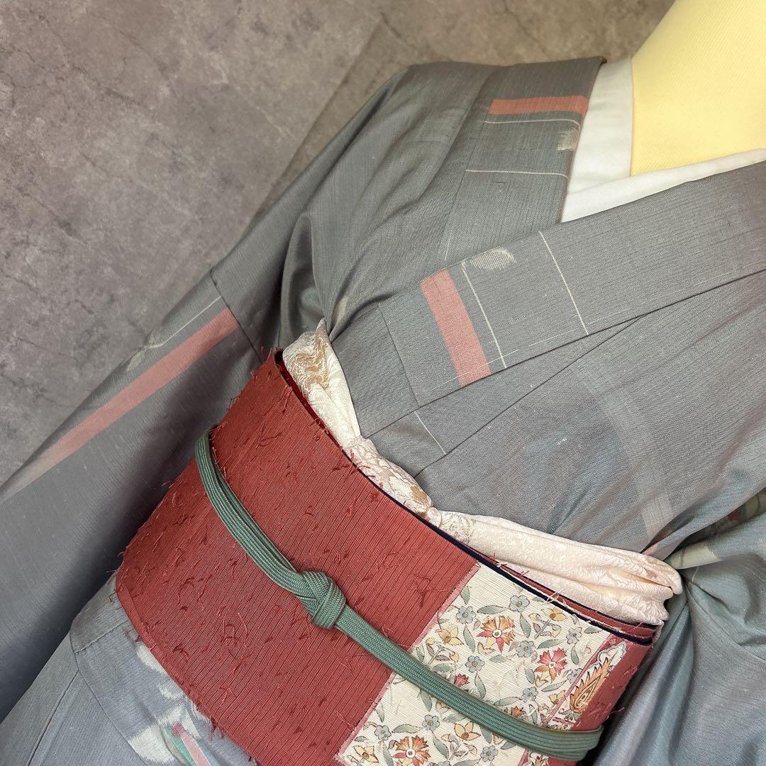 単衣　紬フルセット　着物　春秋　正絹　可愛い　花模様　薄水色　m2 単衣 紬フルセット 着物 春秋 正絹 可愛い 花模様 薄水色 m2
