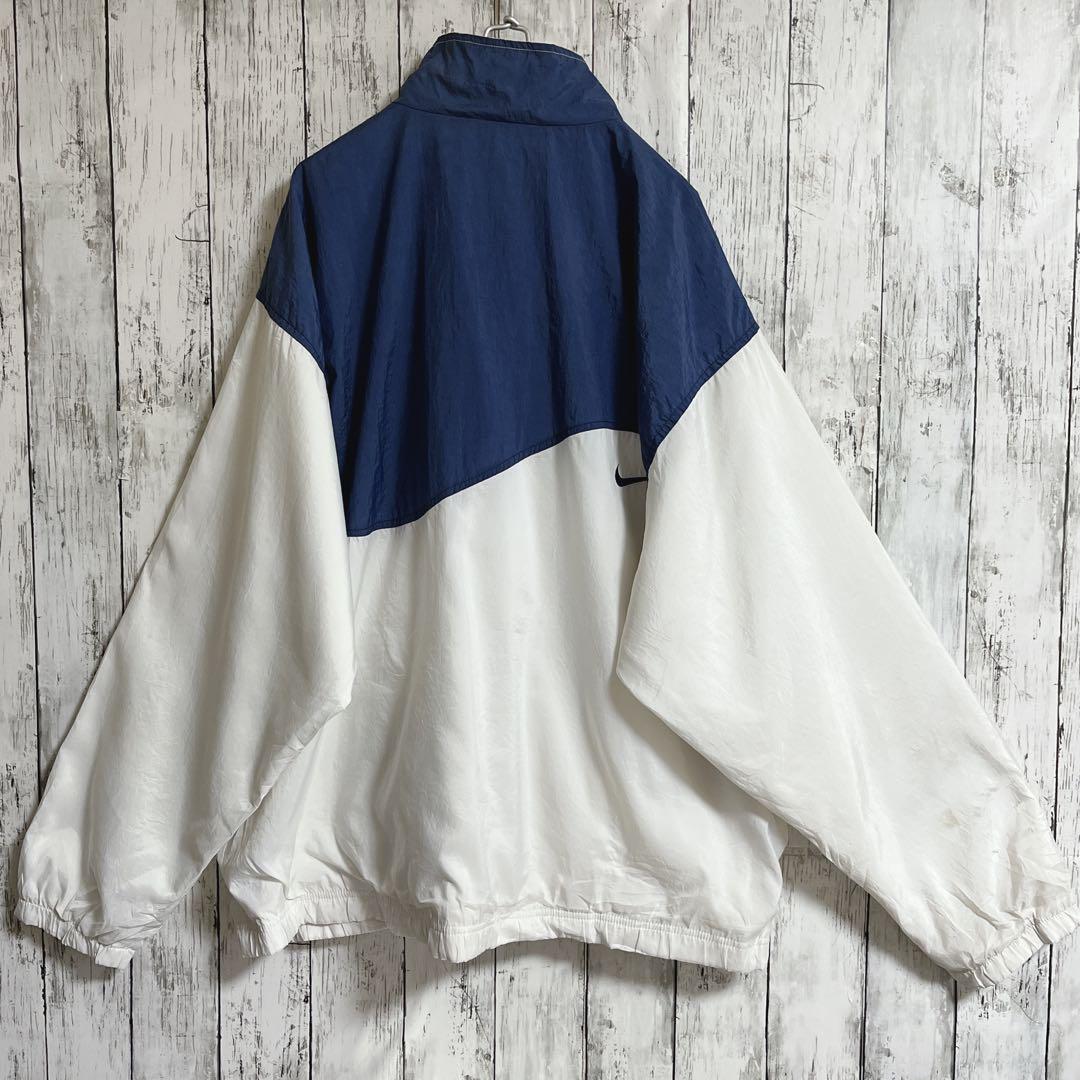 90s ナイキ 白タグ ナイロンジャケット 2XL 白紺 刺繍スウッシュ4828