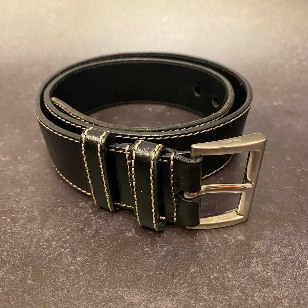プラダ PRADA レザーベルト シルバーバックル 黒 ブラック