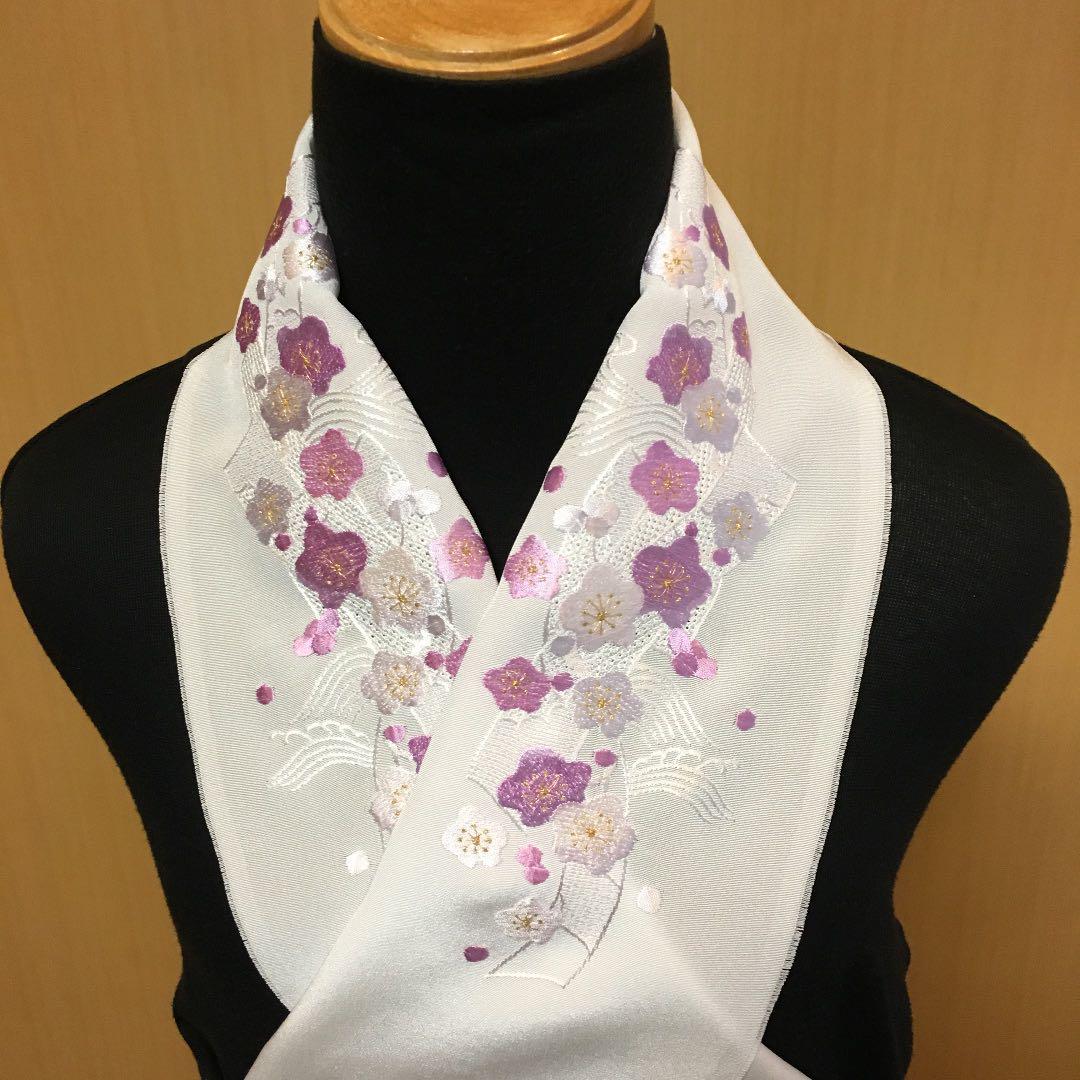 刺繍半衿 梅と波と短冊柄 汕頭刺繍も入ったカラータイプ ム-N❣️現品限り❣️