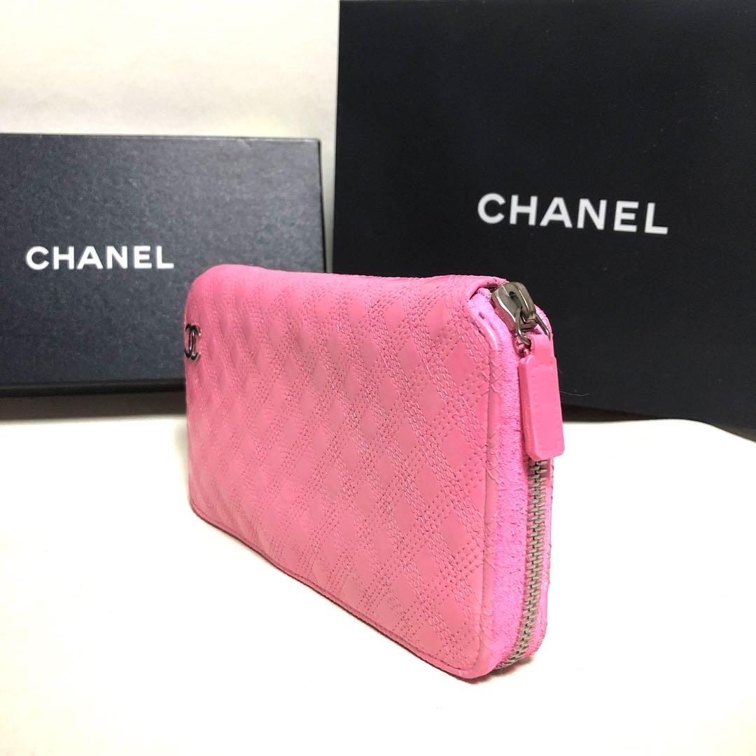 CHANEL シャネル トリプルステッチ ラウンドファスナー長財布 ピンク