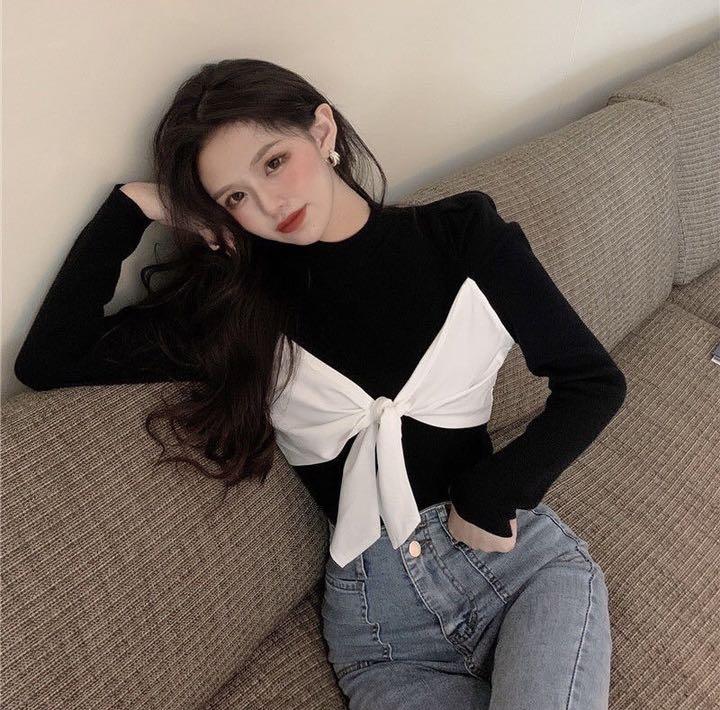 春服 レイヤード風 長袖 Tシャツトップス シンプル リボン 韓国 新作