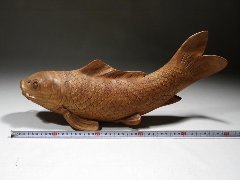 ●鯉の大きい 木彫 写実彫 煩悩珠 口玉 目玉 可動 全長52cm 重1.6kg