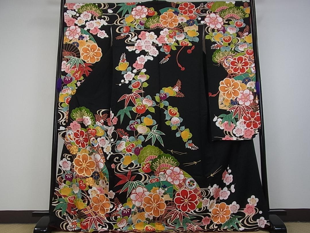 振袖 駒刺繍 流水扇面花文 黒地 金糸 m-2s10085 | andrely.com