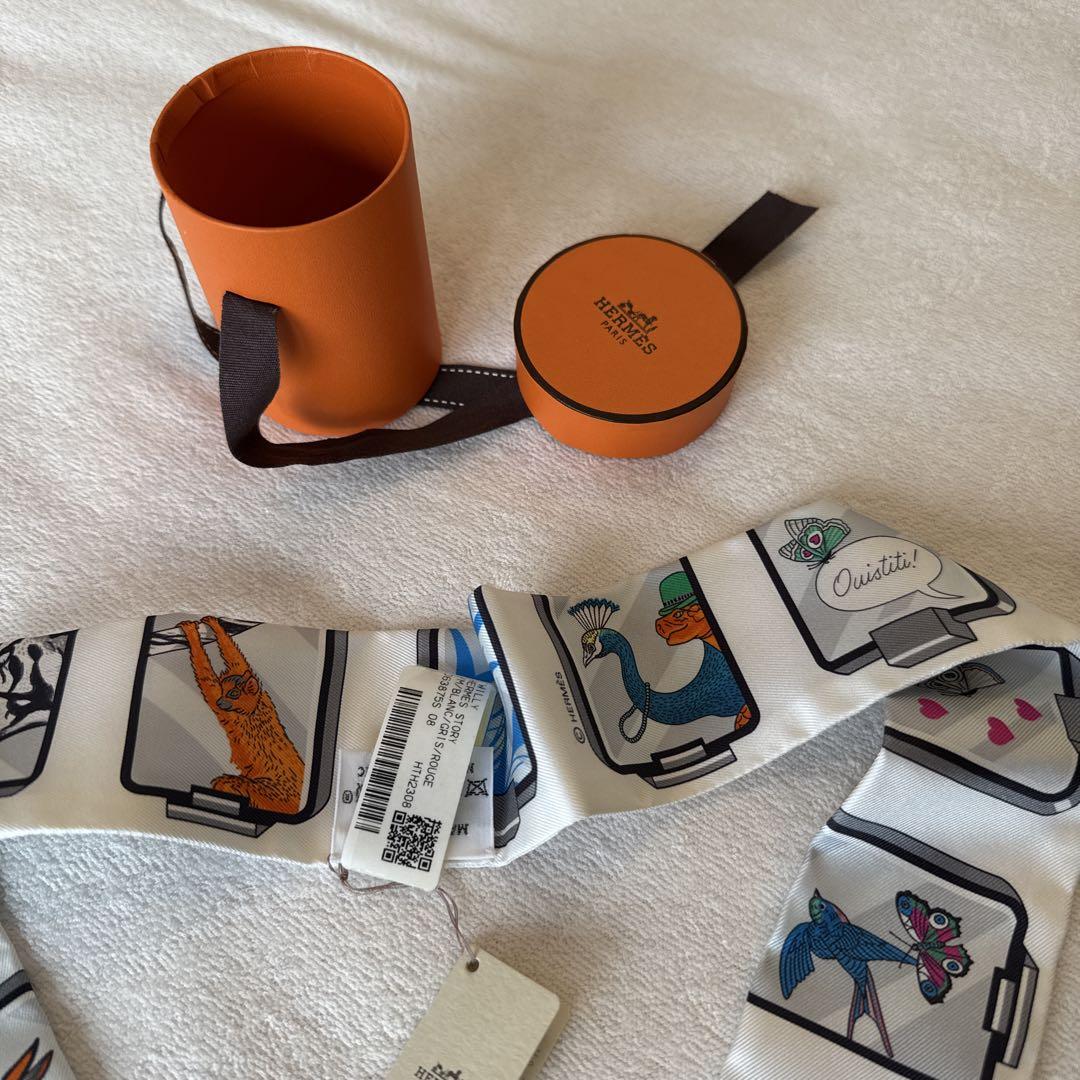 Hermès イラスト付きスカーフ オレンジケース付き