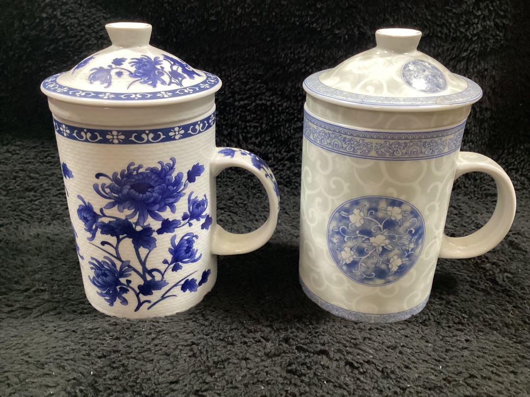 青い花柄の中国茶器セットマグカップ茶こしつき2個