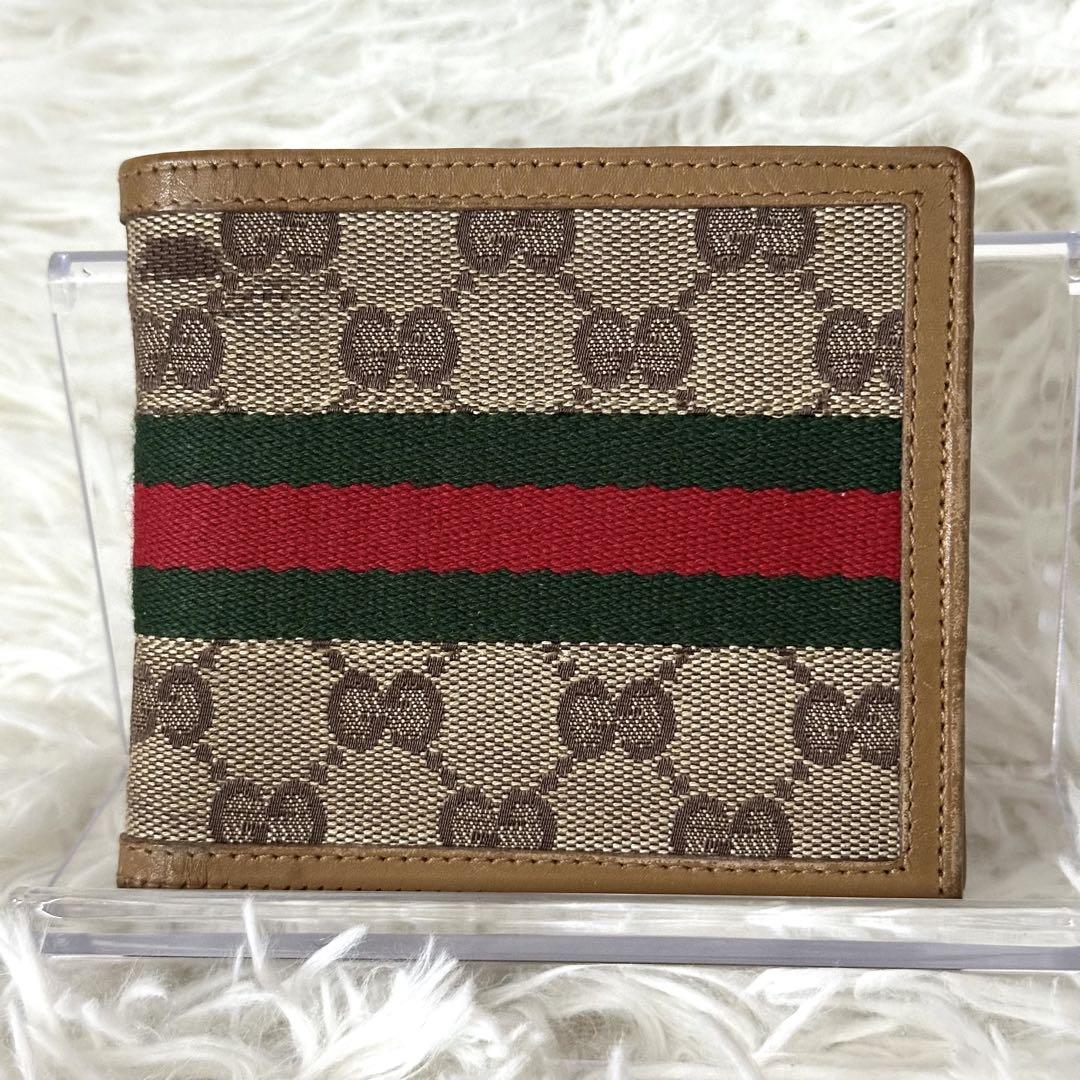 GUCCI 二つ折り財布 GG柄 シェリーライン キャンバス レザー ベージュ