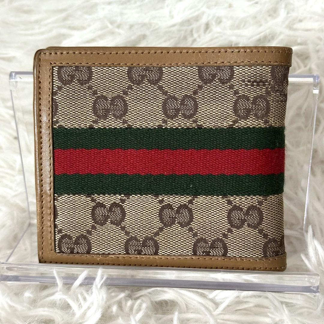 GUCCI 二つ折り財布 GG柄 シェリーライン キャンバス レザー ベージュ