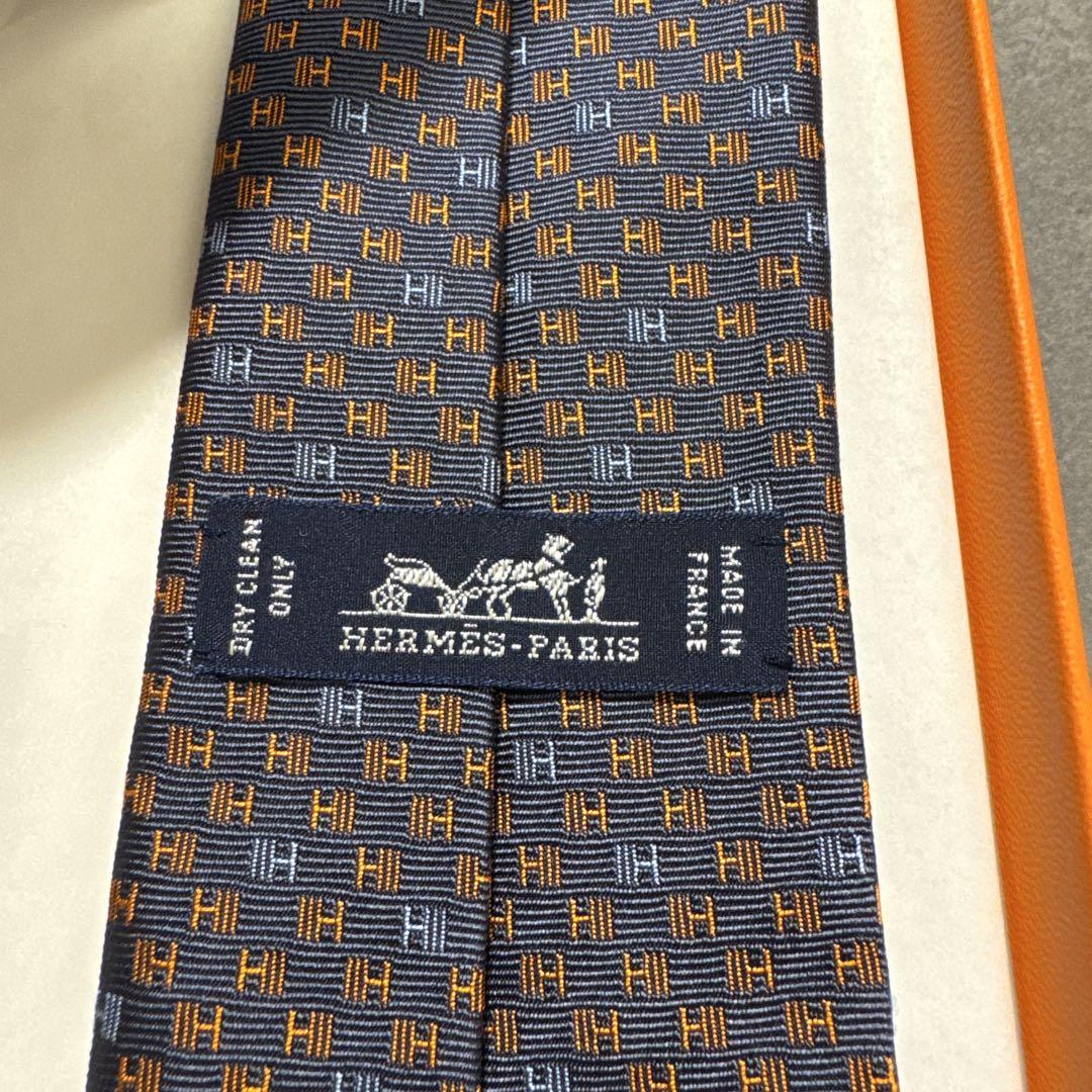 【新品未使用】HERMES-PARIS ネクタイ ネイビー/オレンジ