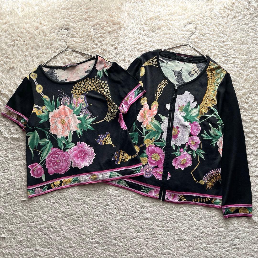 レオナール アンサンブル 花柄 トリム ウール シルク ブラック LLXL LL LEONARD