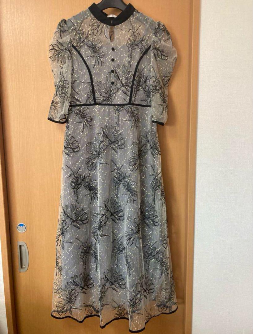 Leja 配色パイピングプチハイネック花柄刺繍ラメレースロング丈　ブルー　S