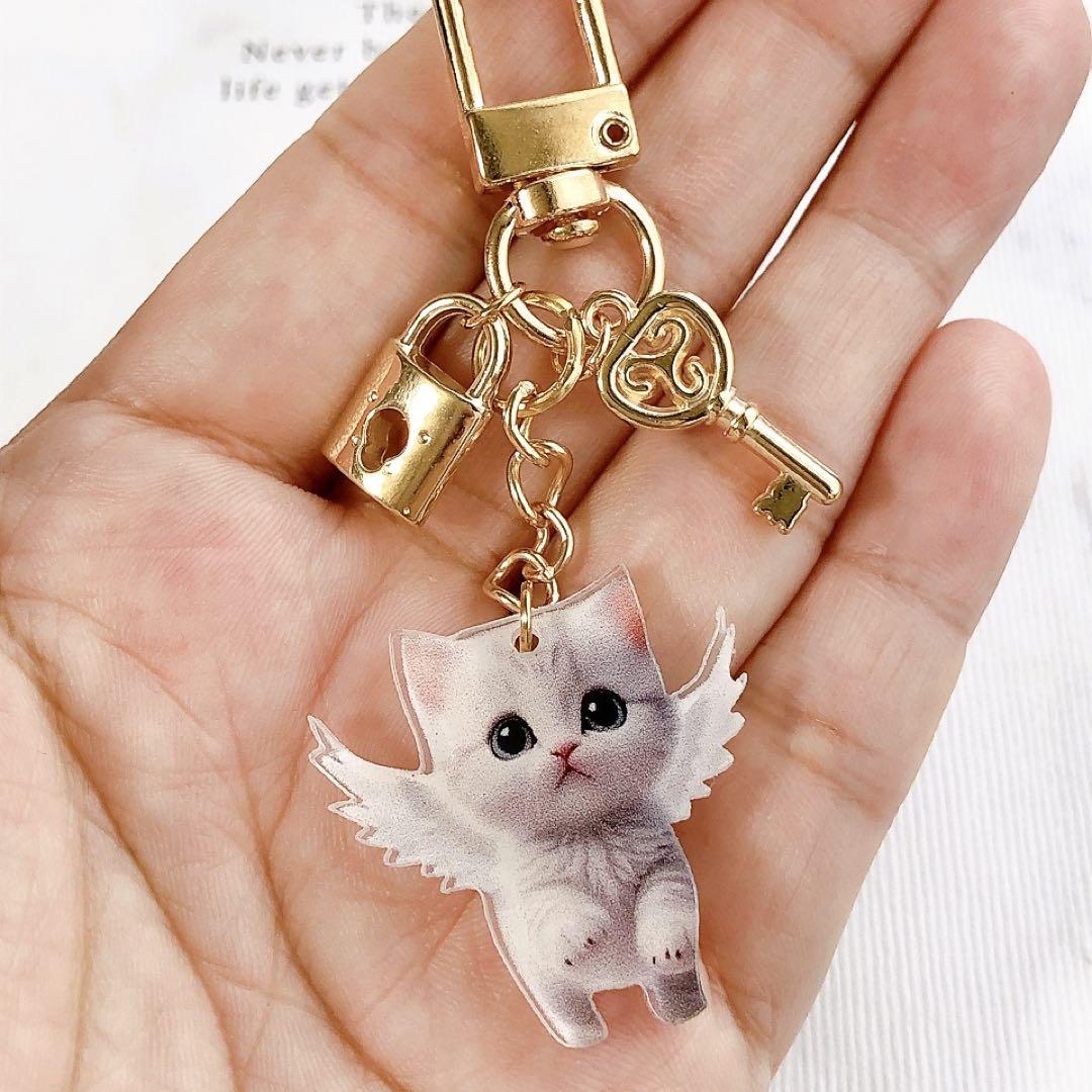 同梱50円引❤️ キーホルダー ネコ 猫 ねこ ♡ No.588 天使 天使の羽