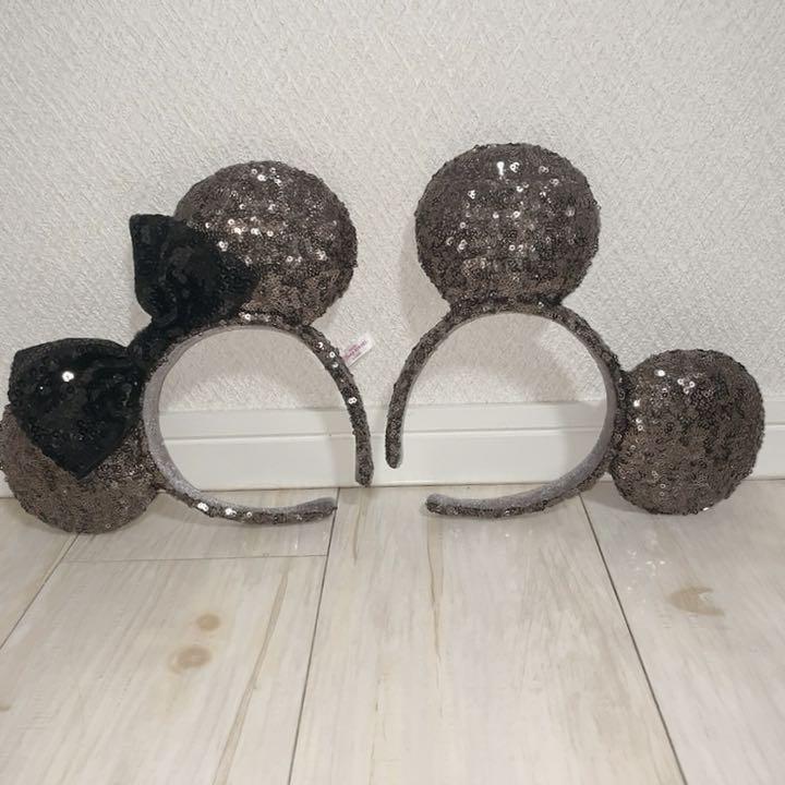 グレージュ ブラウン ミッキー ミニー スパンコール カチューシャ ディズニー