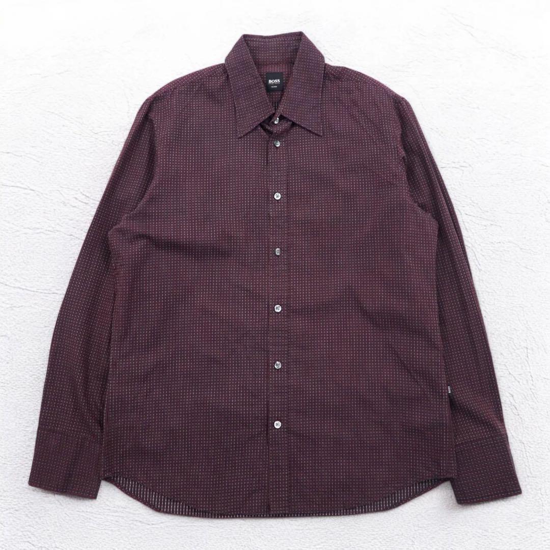 HUGO BOSS ドレスシャツ L ボルドー コットン 小紋柄 - メルカリ