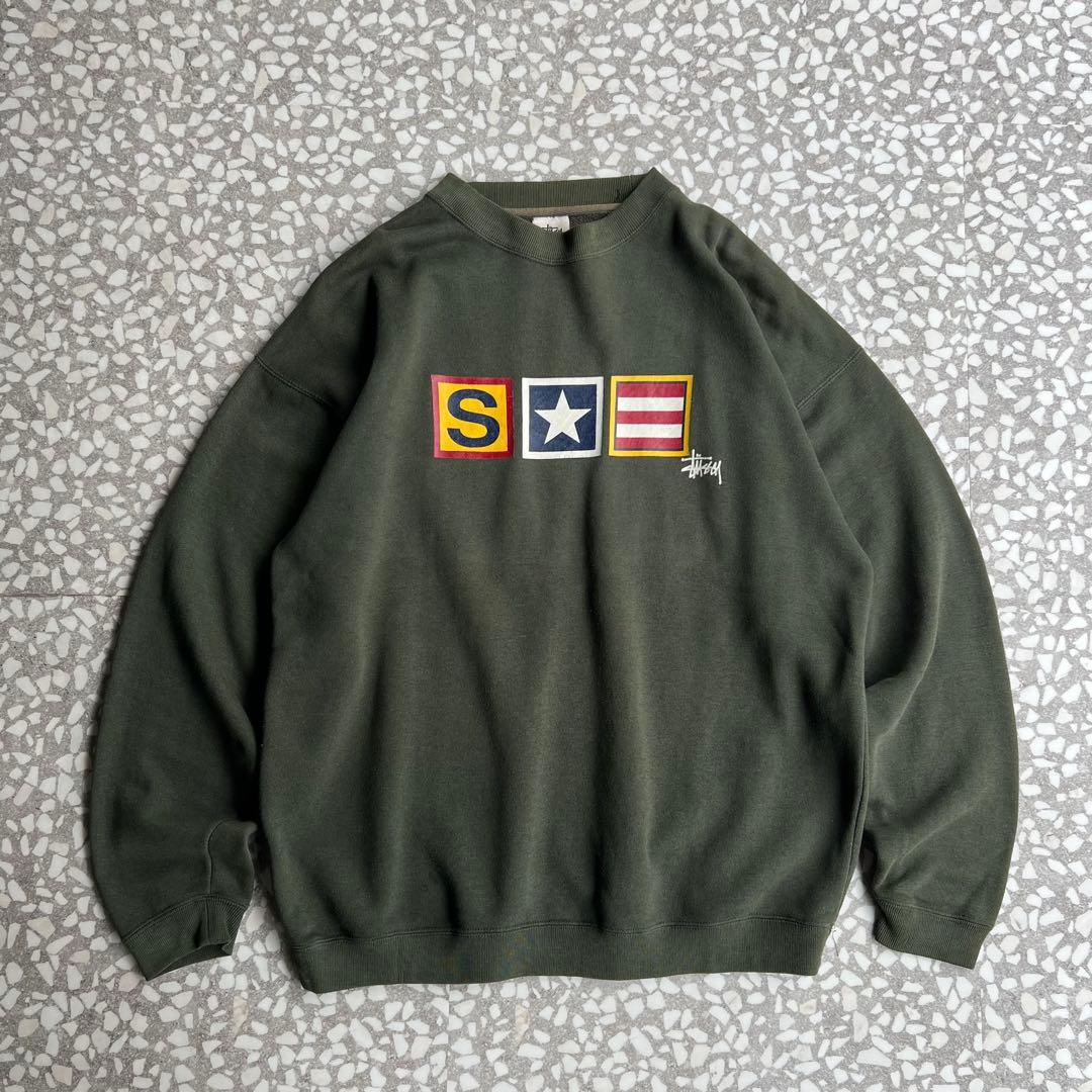 【白タグ、国旗ボックスロゴ】オールドステューシー古着スウェット翠ビンテージM位