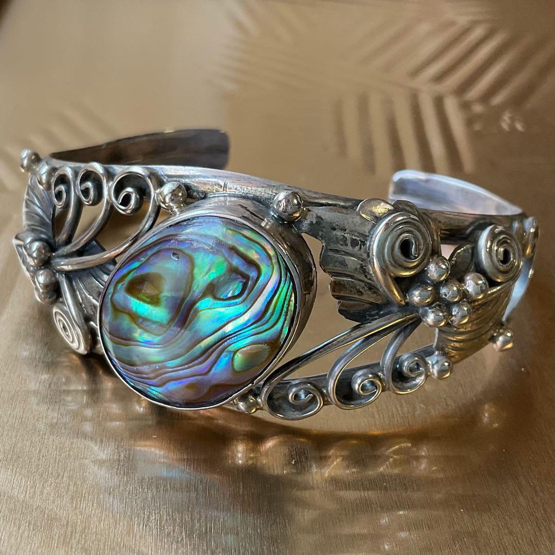 メキシコ貝とスターリングシルバーのアンティークバングル