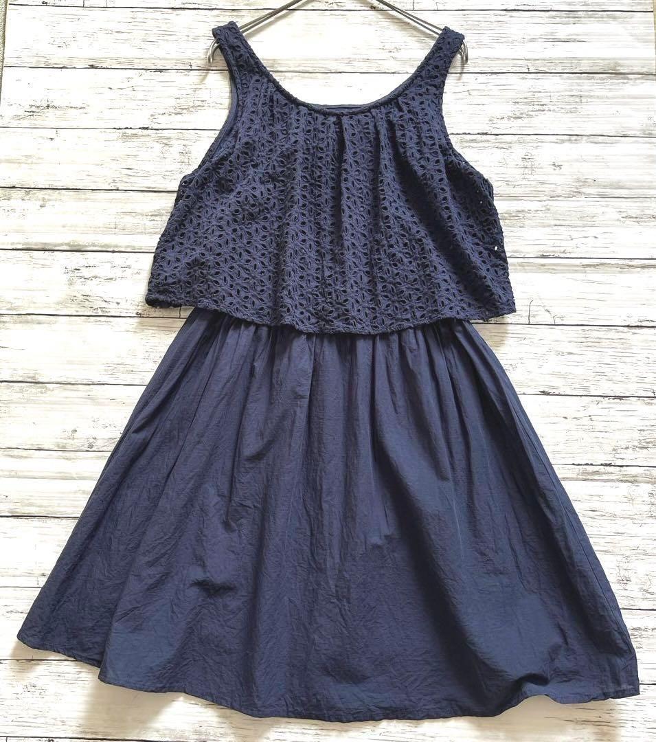 【レトロガールretro girl 】ワンピース　花レース　M ネービー 紺