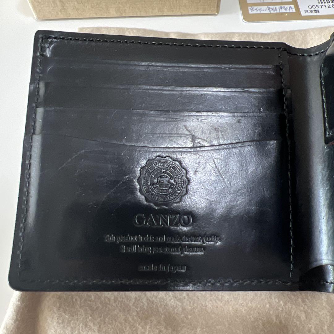 GANZO シェルコードバン2 ブラック　二つ折り財布　長谷革屋ワックス付き