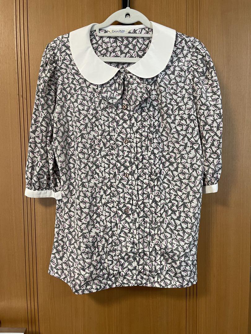 グレー 白 花柄 リボン付き パフスリーブブラウス 昭和レトロ vintage