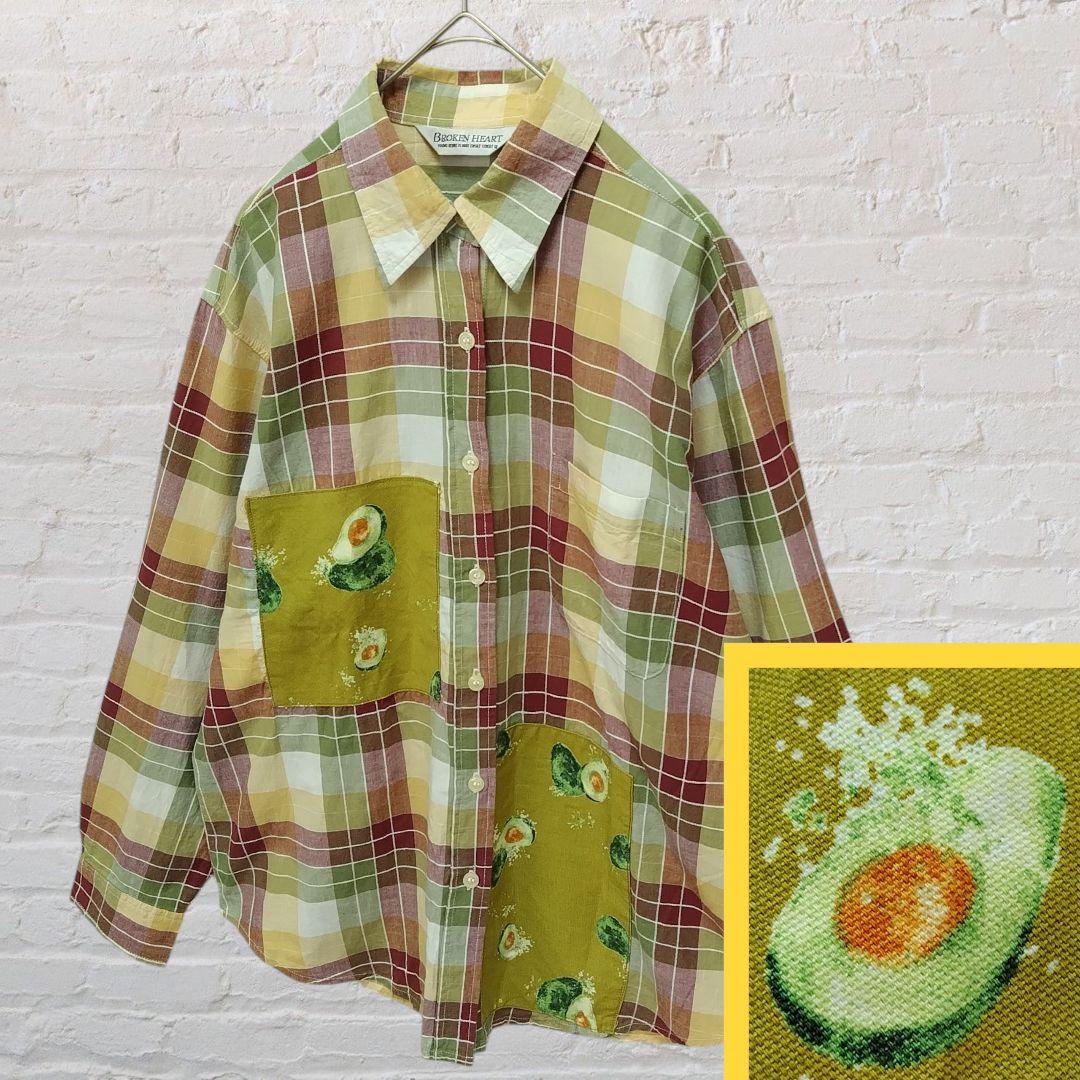 アボカド パッチワーク マドラスチェック柄 長袖シャツ フルーツ 果物 柄シャツ