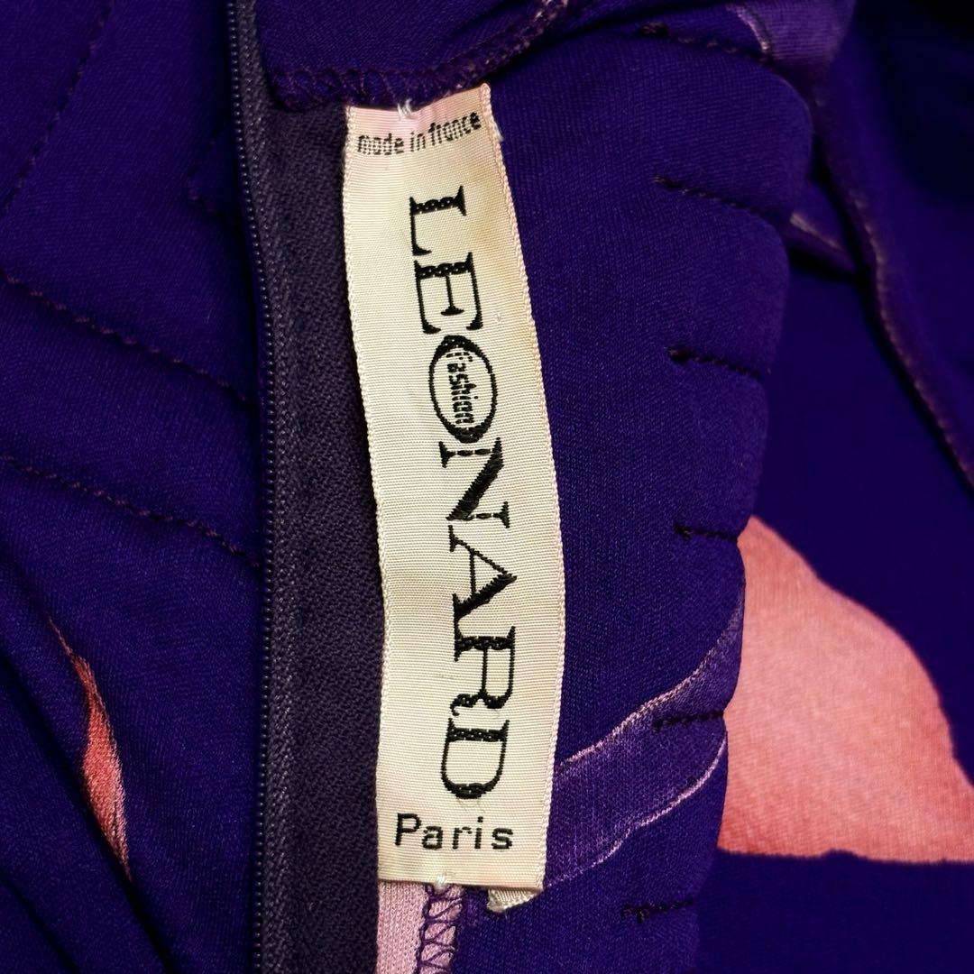 LEONARD ワンピース　Vネック　トリム　花柄　腰紐　肩パット　ヴィンテージ LEONARD ワンピース Vネック トリム 花柄 腰紐 肩パット