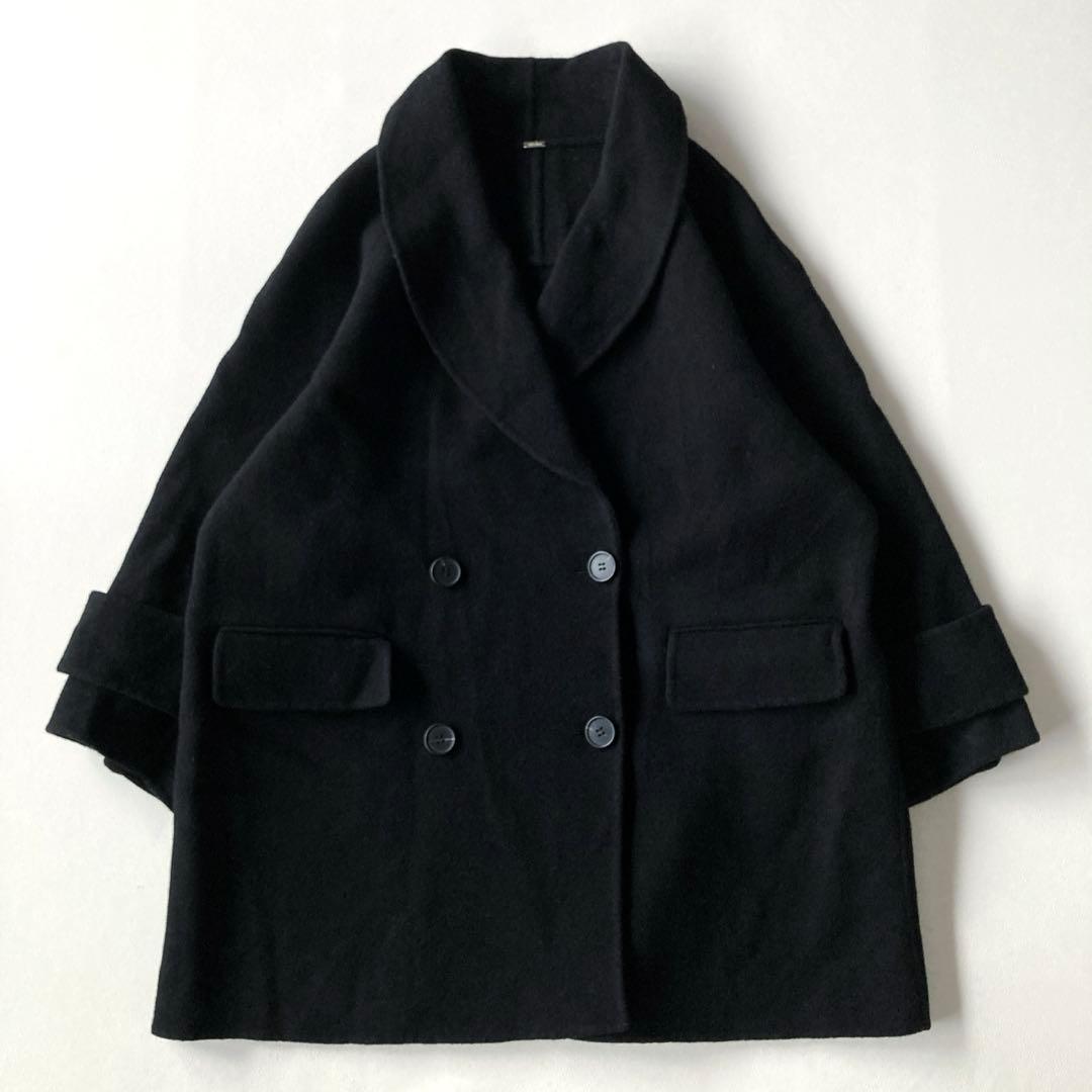 ミラオーウェン　接結ハーフ丈Aラインコート　Pコート　ウール　黒　川口春奈