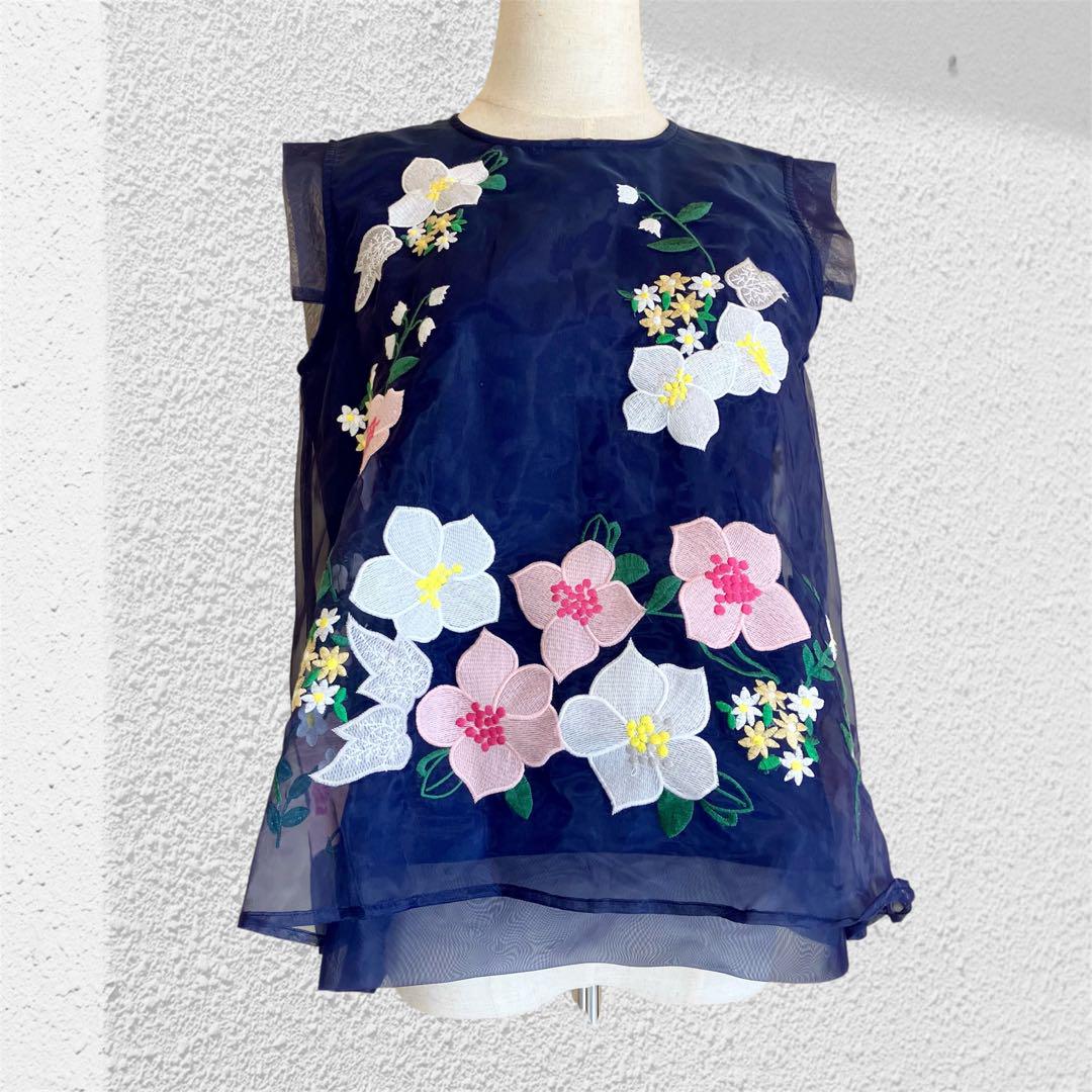 美品✨　チェスティ　花柄刺繍　シアー重ね　トップス　フレンチスリーブ