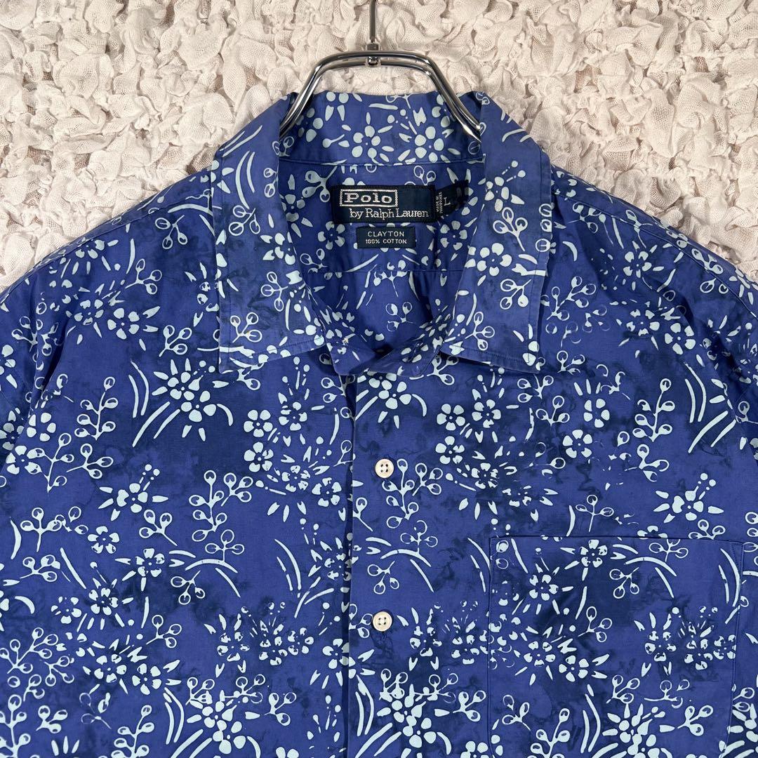ポロラルフローレン 新品✨ポロシャツ フローラル 花 アロハ ダークブルー ポロバイラルフローレン』 アロハシャツ CLAYTON 花柄 ブルー 【L】
