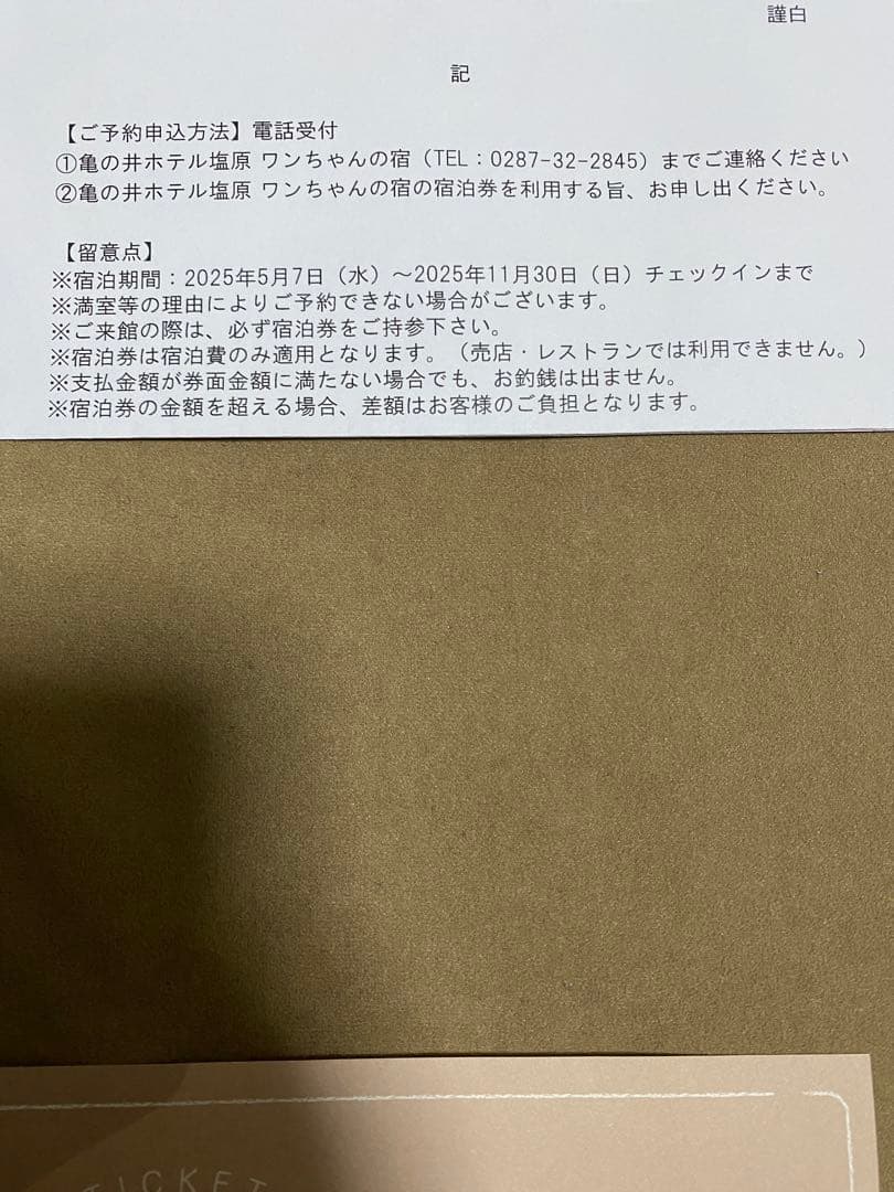 ワンちゃんと♪栃木県那須塩原　亀の井ホテル塩原 宿泊券 1万円×2枚セット