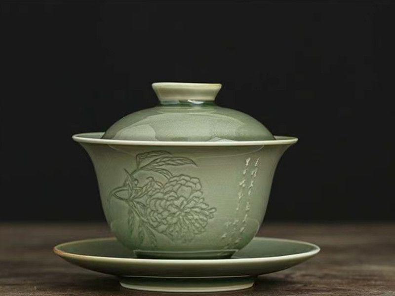 新品 青磁折枝蓋碗茶杯 湯呑 茶器 青磁茶杯 煎茶道具