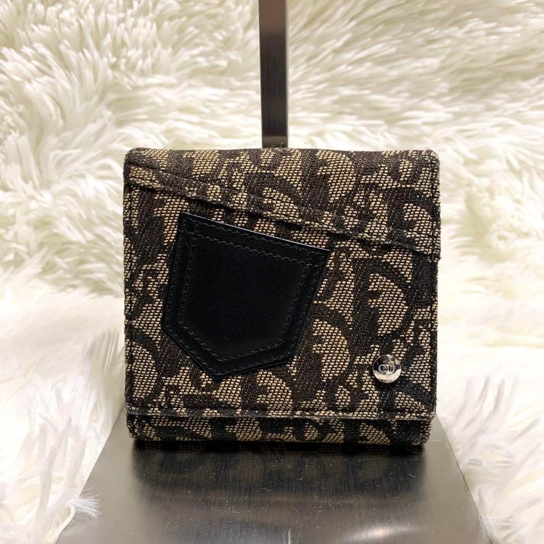 美品✨ディオール 二つ折り財布 トロッター Wホック レザー キャンバス