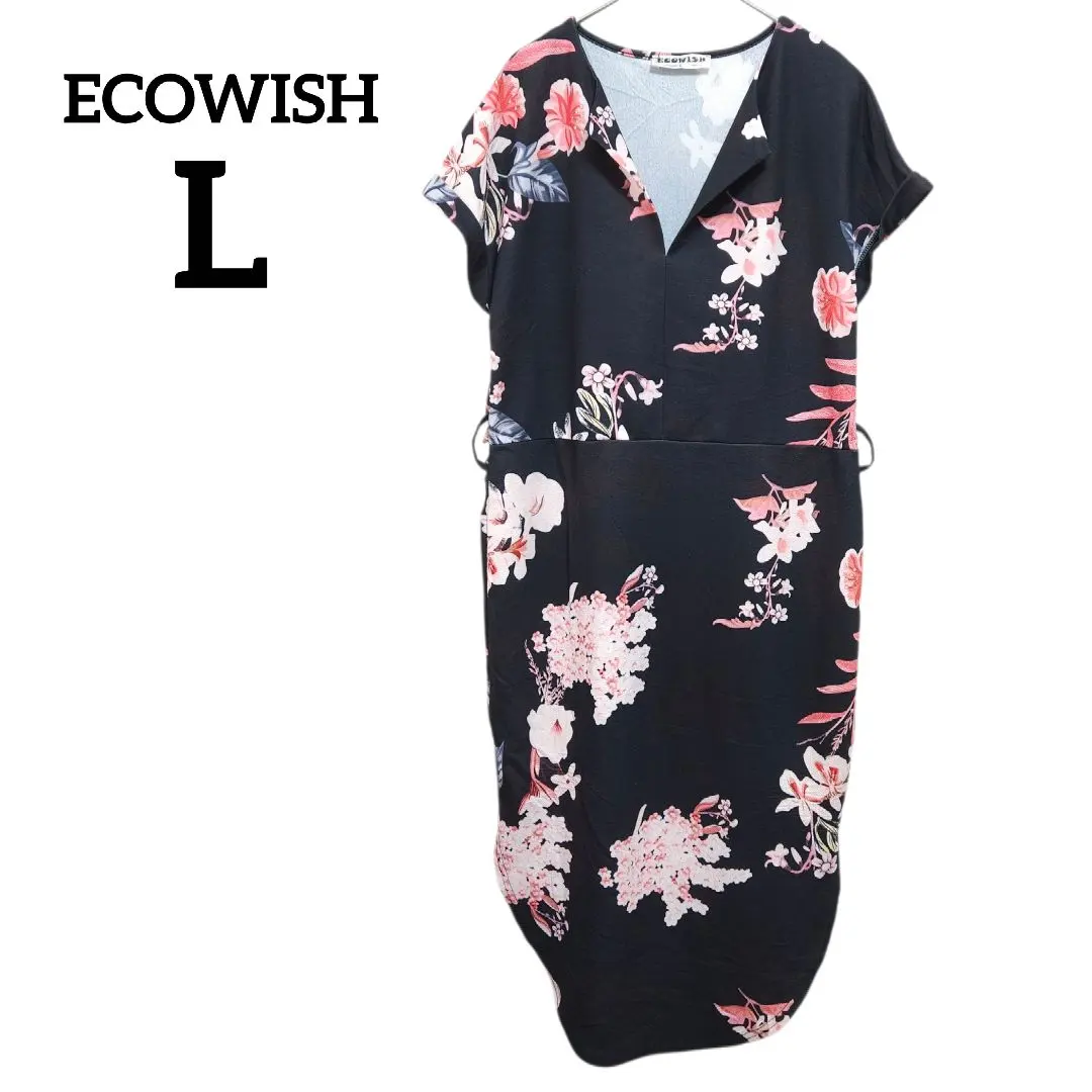 ECOWISH 【L】 印花连衣裙 碎花 黑色 的縮圖