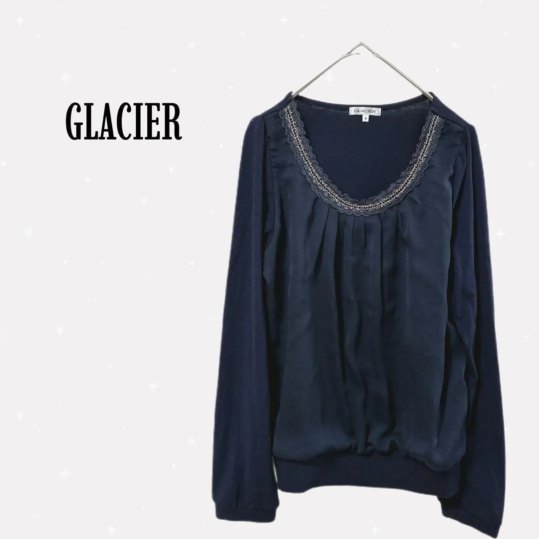 Thumbnail of Gracia [M] Long Sleeve Tunic Blouse Docking Decoration Sheer Navy