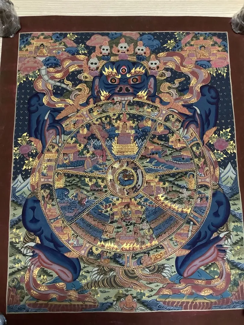マンダラ　手描き　六道輪廻図　肉筆 一点物〕装丁付肉筆仏画（タンカ） - 六道輪廻図 の通販[送料