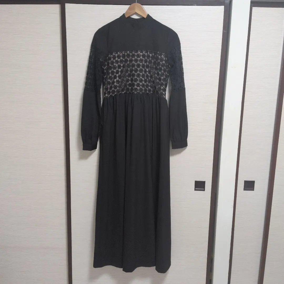 Thumbnail of 【★Unused★】Long Sleeve Blouse-Style Lace Panel Flare Long Dress - Black, Size M