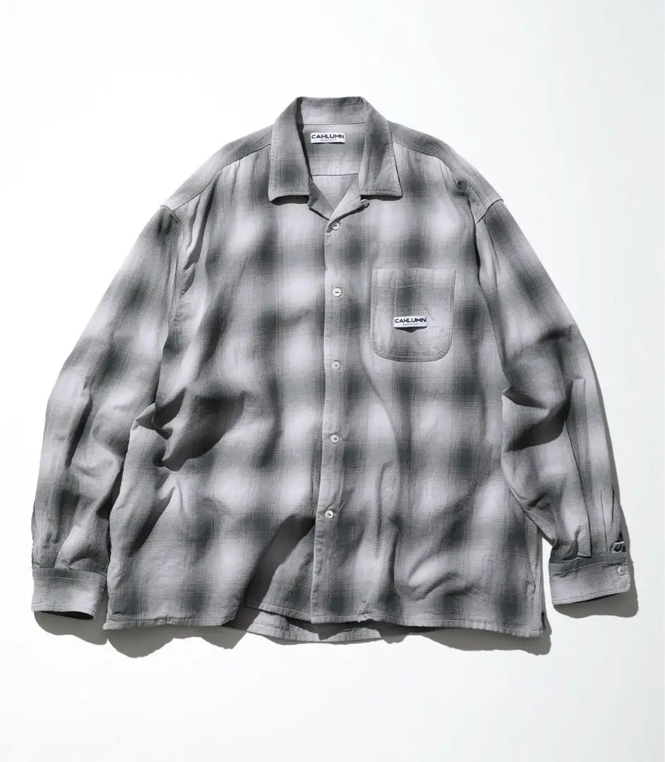 カウラム　CAHLUMN 青白チェック柄 長袖シャツ CAHLUMN/カウラム Magazine Pocket Open Collar Shirt(Ombre