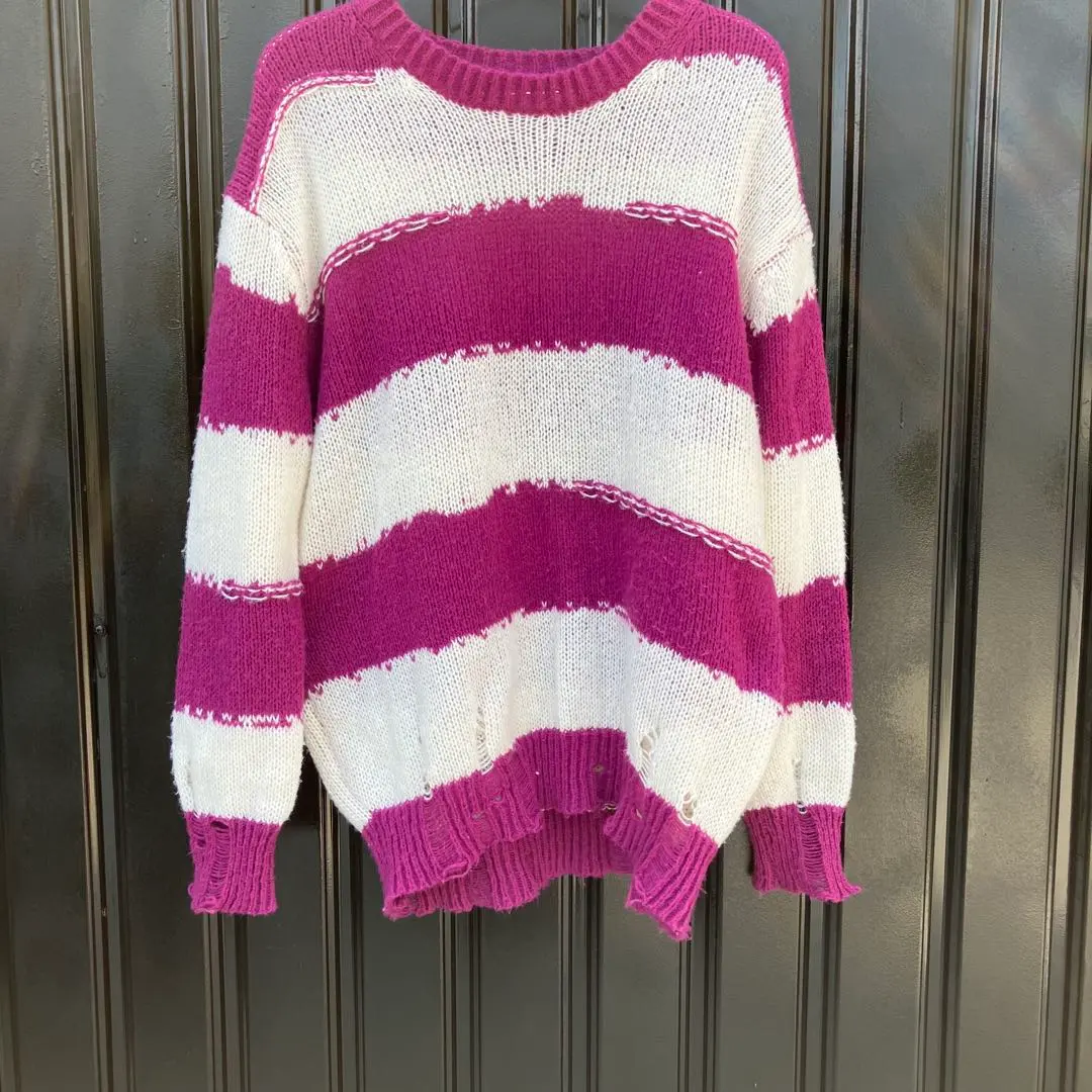 無品牌 條紋針織毛衣 白色與紫色 的縮圖