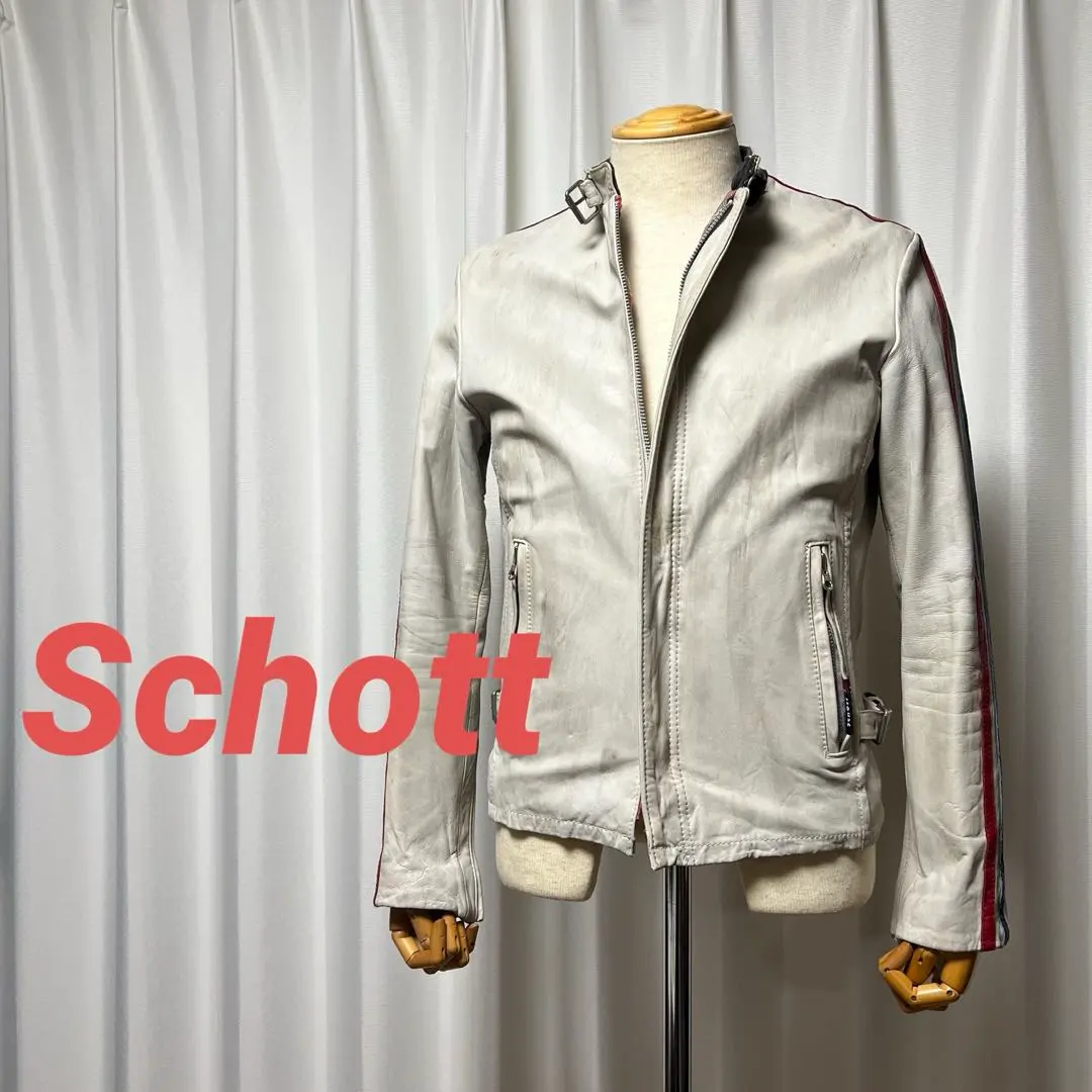 Thumbnail of Schott Classic Racer Single Riders Jacket, white with blue and red stripes on the sleeves, cowhide, size S