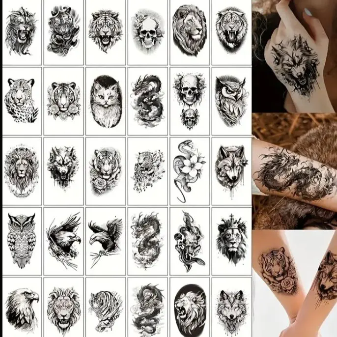 30張 動物紋身貼紙 紋身貼紙 獅子 鷹 龍 k 的縮圖