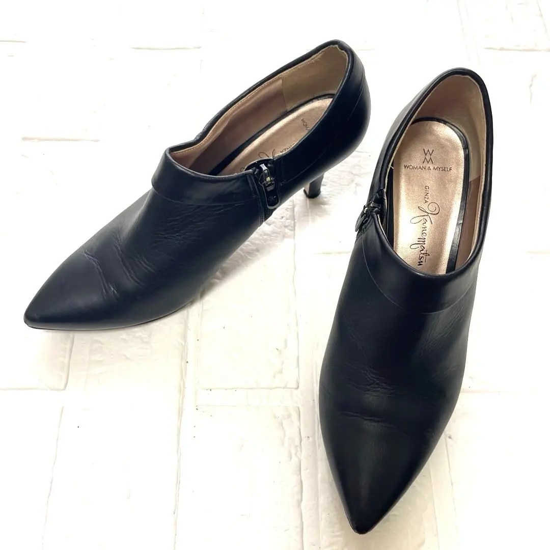 銀座金松 短靴 高跟鞋 皮革 黑色 24厘米 的縮圖