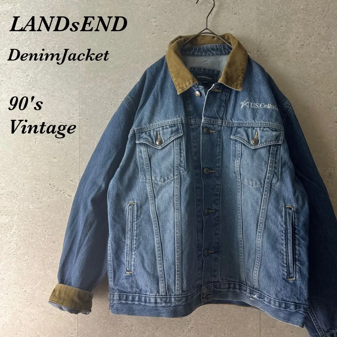 ランズエンドLAND'END レザー襟デニムジャケットカバーオール裏地チェック b4b49b5ffcf055c6dab06daa480bce